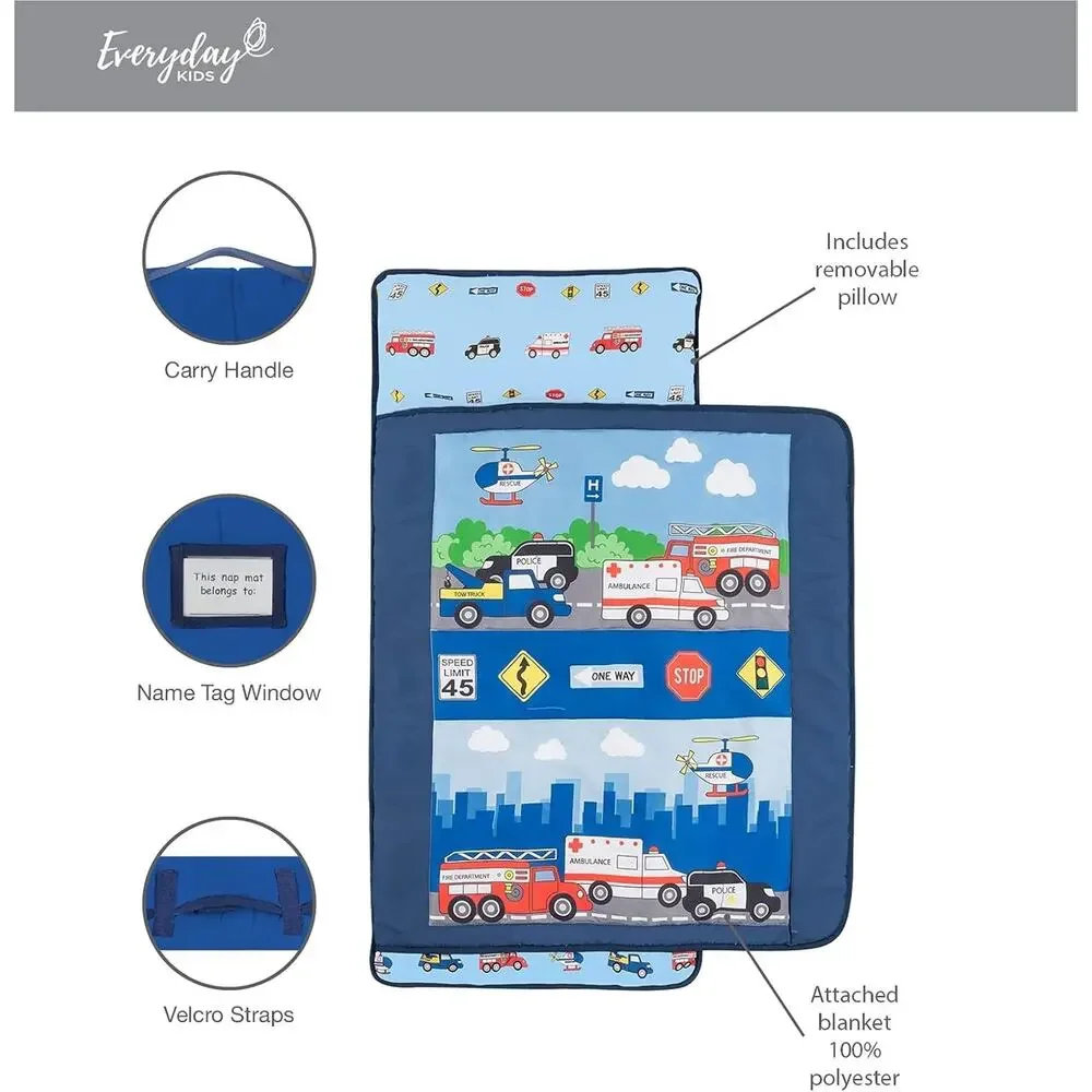 Toddler Nap Mat, Sleeping Bag Removable Pillow -Fire Police Rescue- Carry Handle